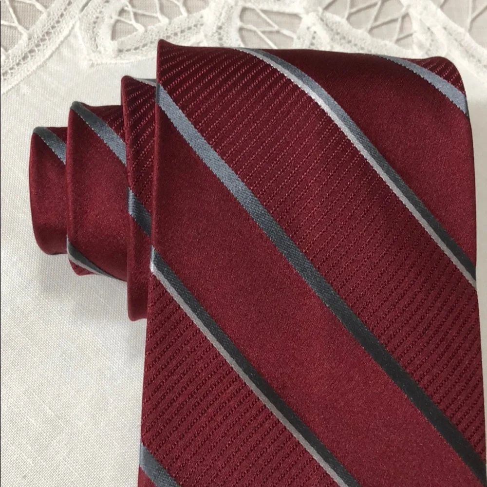 JONES NEW YORK Maroon Silver Stripe 60” Silk Tie - Picture 2 of 6